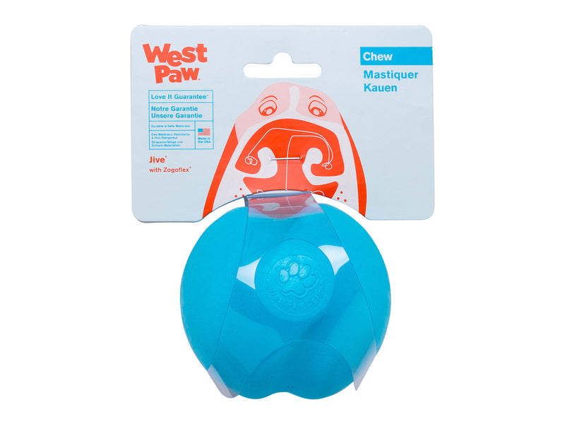 Jive is the toughest of all the West Paw Zogoflex toys. Its erratic bounce makes it fun to fetch and the bright colors make it easy to retrieve in any outdoor situation. The medium size Jive fits in a standard ball thrower.