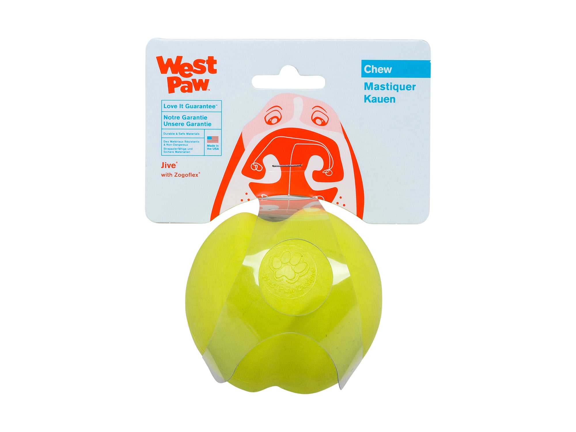 Jive is the toughest of all the West Paw Zogoflex toys. Its erratic bounce makes it fun to fetch and the bright colors make it easy to retrieve in any outdoor situation. The medium size Jive fits in a standard ball thrower.