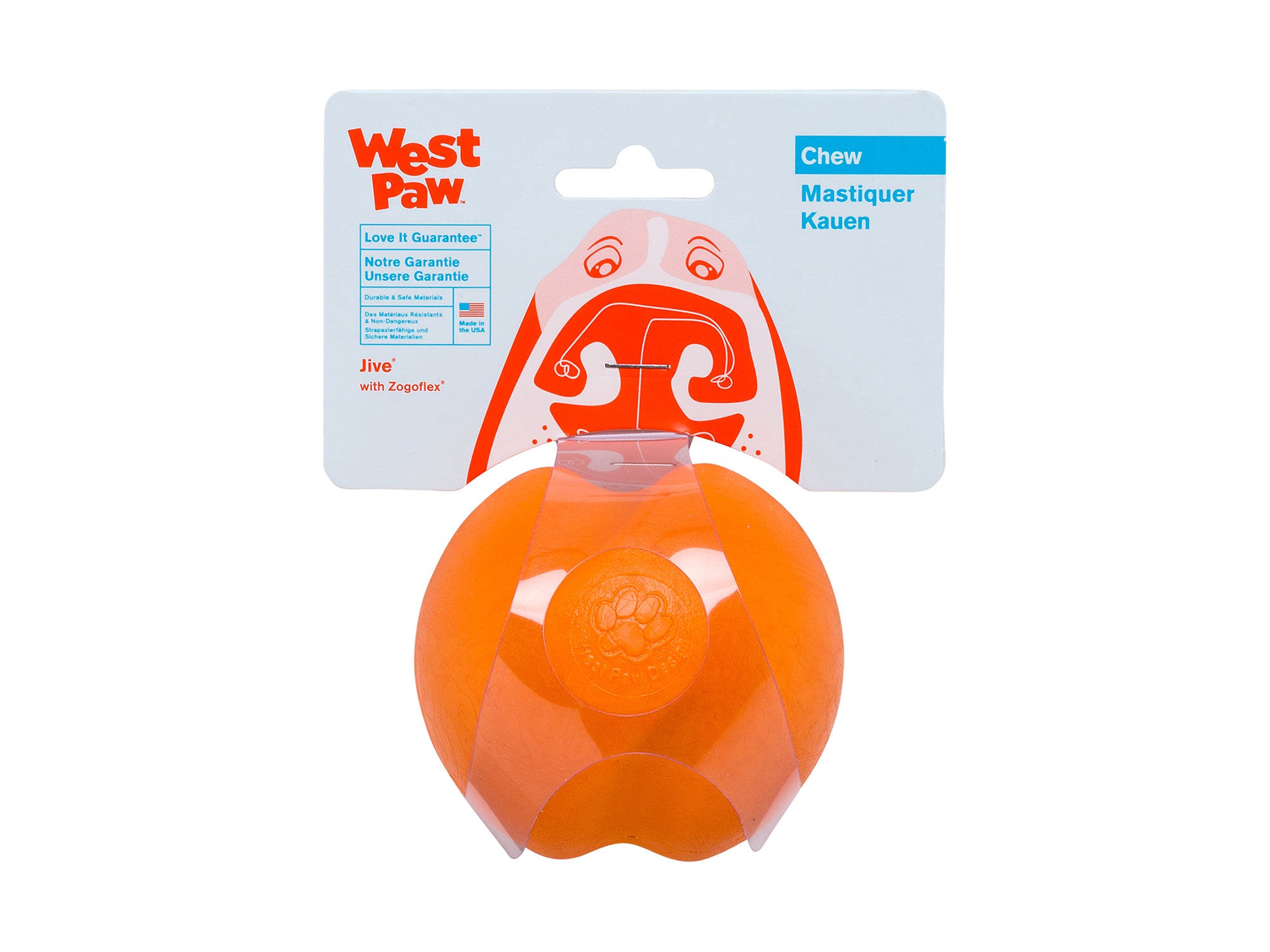 Jive is the toughest of all the West Paw Zogoflex toys. Its erratic bounce makes it fun to fetch and the bright colors make it easy to retrieve in any outdoor situation. The medium size Jive fits in a standard ball thrower.