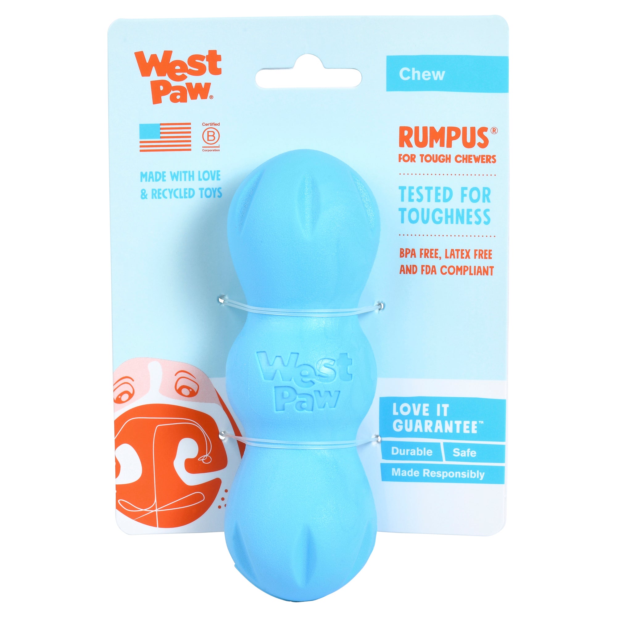 Rumpus is an extra durable toy with three chew lobes that are designed for dogs who need to gnaw. Toy rocks, rolls, bounces, and floats to keep dogs engaged. Built for tough chewers and made from Zogoflex, a bendy, stretchy, and bouncy material that is durable but not rigid. Toys are gentle on your dog's teeth.