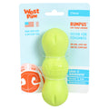 Rumpus is an extra durable toy with three chew lobes that are designed for dogs who need to gnaw. Toy rocks, rolls, bounces, and floats to keep dogs engaged. Built for tough chewers and made from Zogoflex, a bendy, stretchy, and bouncy material that is durable but not rigid. Toys are gentle on your dog's teeth.