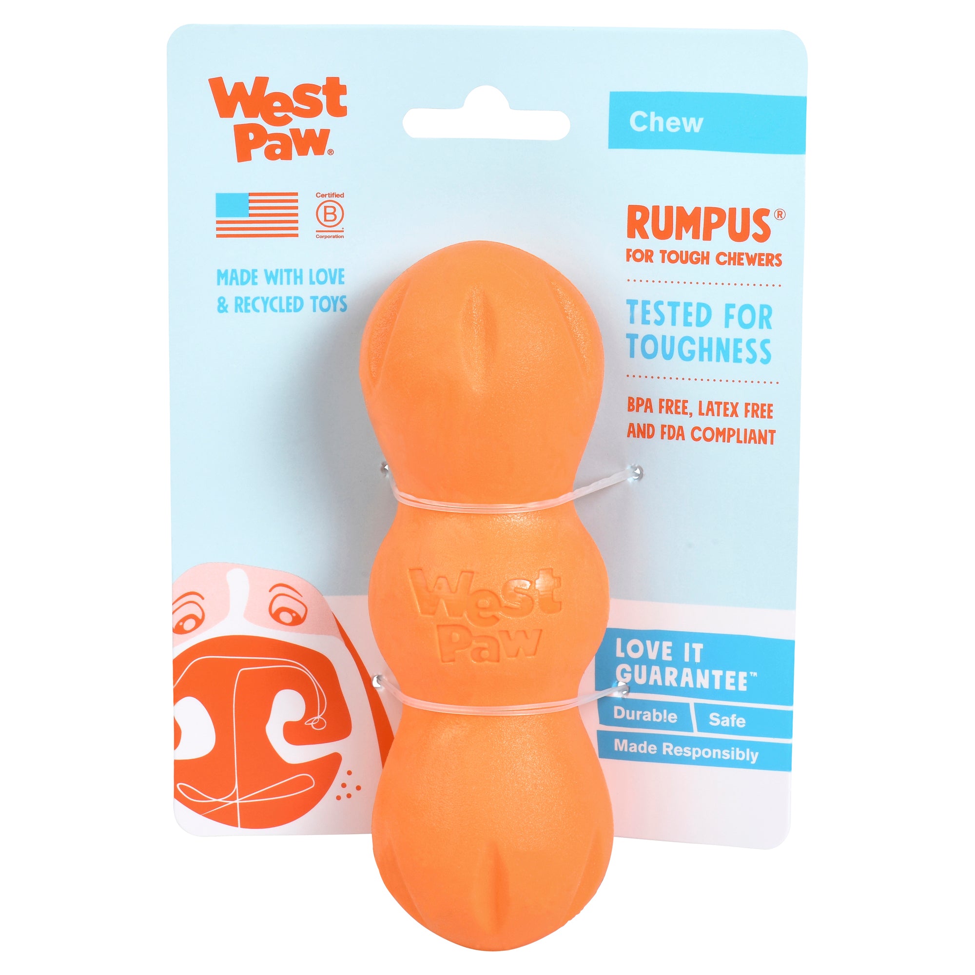 Rumpus is an extra durable toy with three chew lobes that are designed for dogs who need to gnaw. Toy rocks, rolls, bounces, and floats to keep dogs engaged. Built for tough chewers and made from Zogoflex, a bendy, stretchy, and bouncy material that is durable but not rigid. Toys are gentle on your dog's teeth.