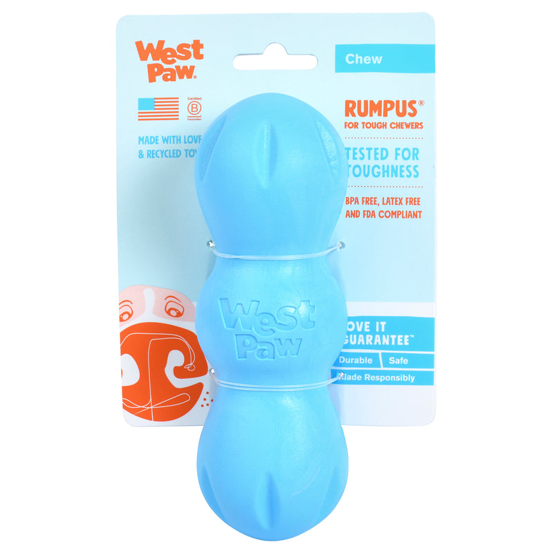Rumpus is an extra durable toy with three chew lobes that are designed for dogs who need to gnaw. Toy rocks, rolls, bounces, and floats to keep dogs engaged. Built for tough chewers and made from Zogoflex, a bendy, stretchy, and bouncy material that is durable but not rigid. Toys are gentle on your dog's teeth.