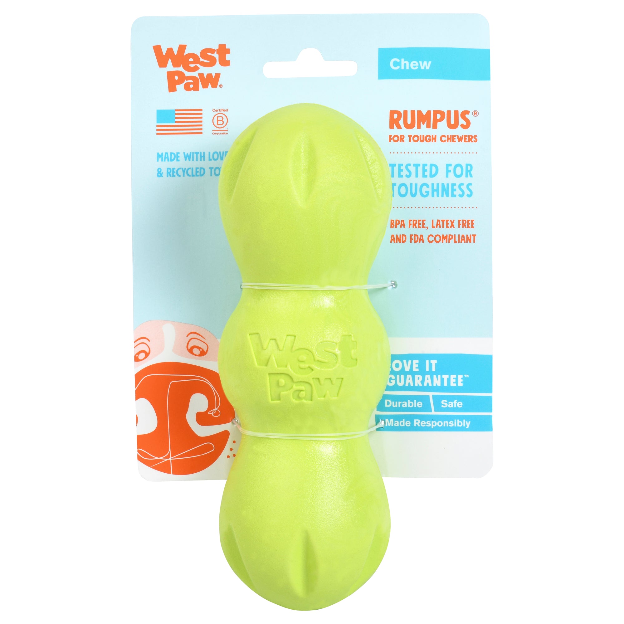 Rumpus is an extra durable toy with three chew lobes that are designed for dogs who need to gnaw. Toy rocks, rolls, bounces, and floats to keep dogs engaged. Built for tough chewers and made from Zogoflex, a bendy, stretchy, and bouncy material that is durable but not rigid. Toys are gentle on your dog's teeth.