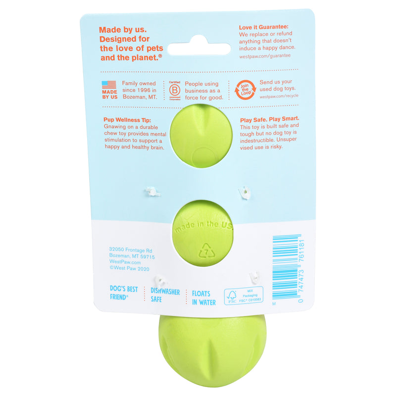 Rumpus is an extra durable toy with three chew lobes that are designed for dogs who need to gnaw. Toy rocks, rolls, bounces, and floats to keep dogs engaged. Built for tough chewers and made from Zogoflex, a bendy, stretchy, and bouncy material that is durable but not rigid. Toys are gentle on your dog's teeth.