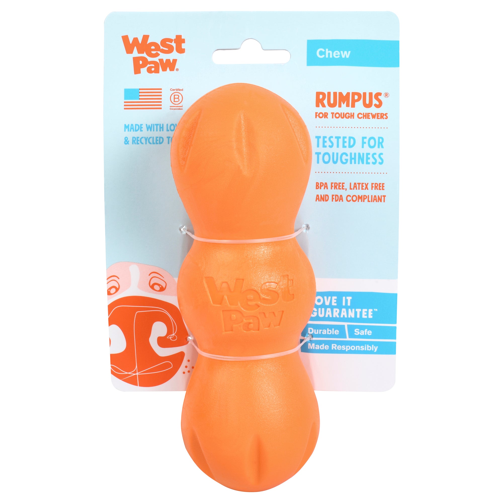 Rumpus is an extra durable toy with three chew lobes that are designed for dogs who need to gnaw. Toy rocks, rolls, bounces, and floats to keep dogs engaged. Built for tough chewers and made from Zogoflex, a bendy, stretchy, and bouncy material that is durable but not rigid. Toys are gentle on your dog's teeth.