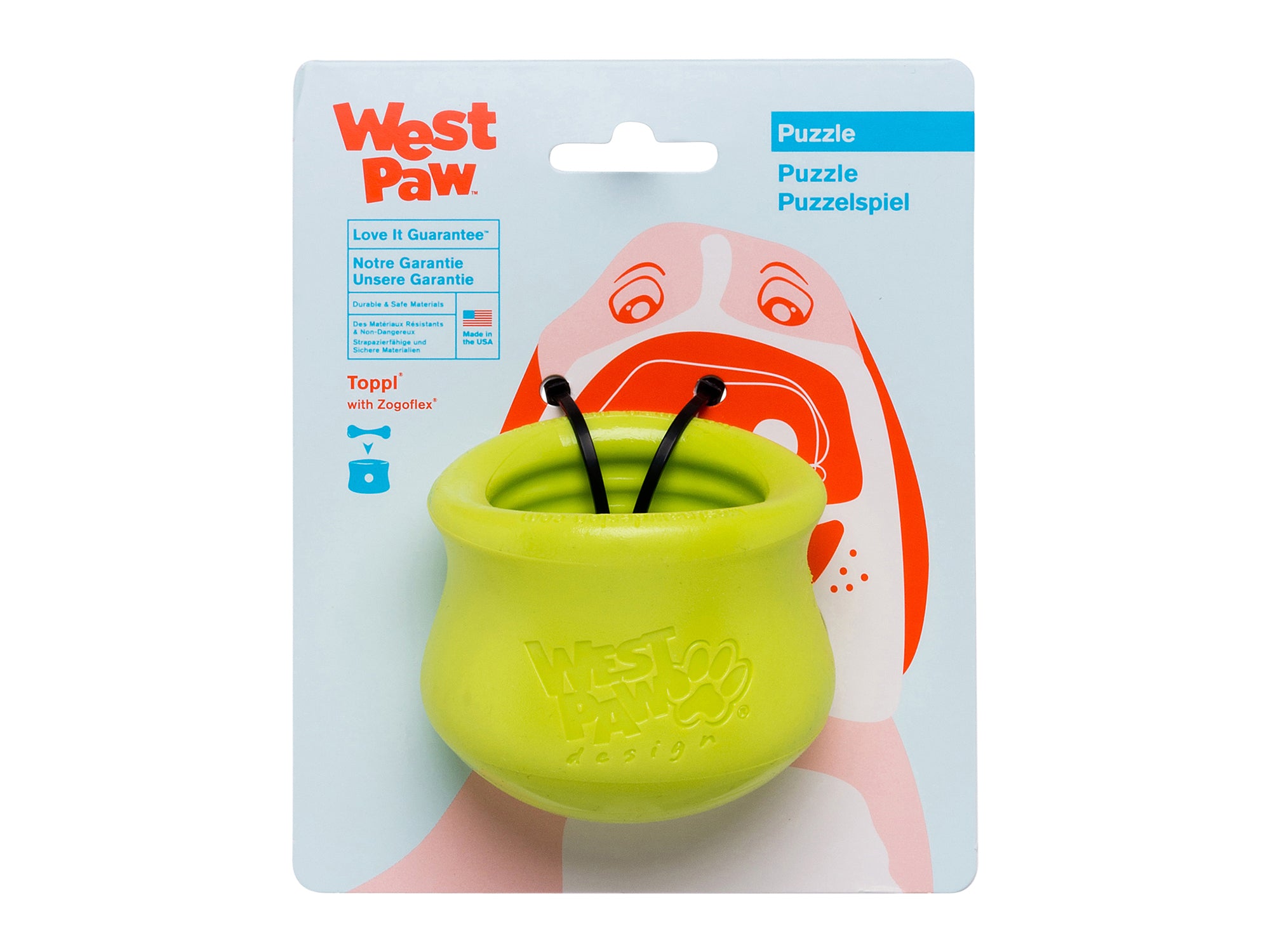 Toppl is an award-winning puzzle toy that can be stuffed full of your dog's favorite snacks. This interactive treat toy is topsy, turvy, and wobbly fun that keeps an active dog busy and brings out the playful side of an older dog.