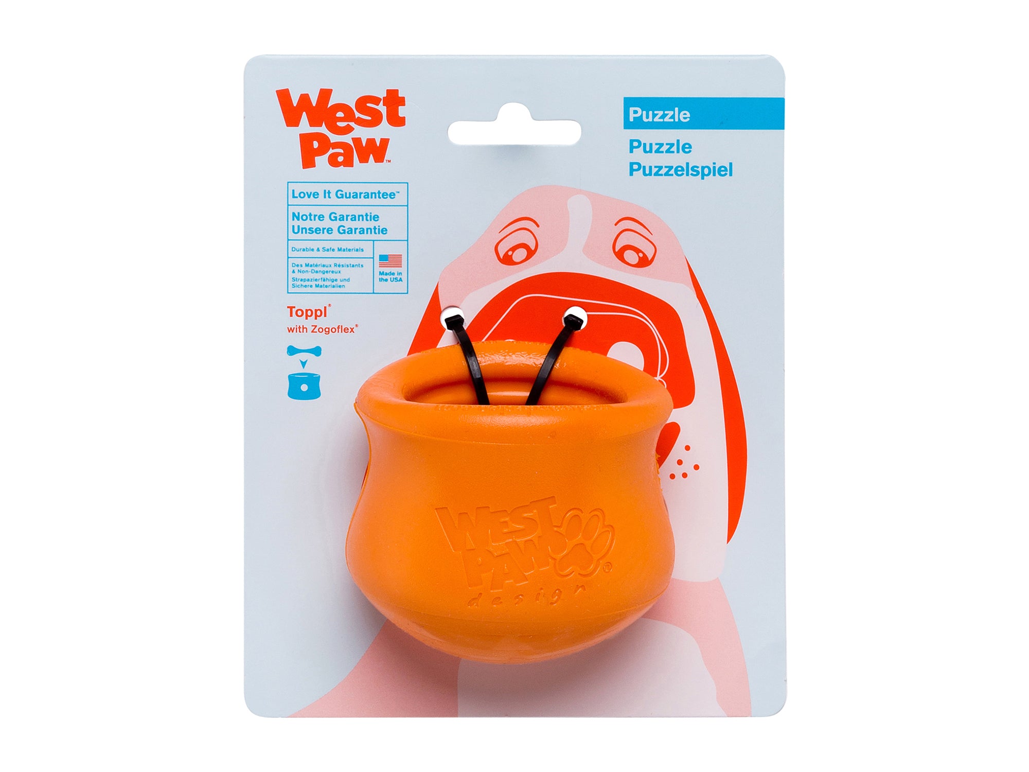 Toppl is an award-winning puzzle toy that can be stuffed full of your dog's favorite snacks. This interactive treat toy is topsy, turvy, and wobbly fun that keeps an active dog busy and brings out the playful side of an older dog.