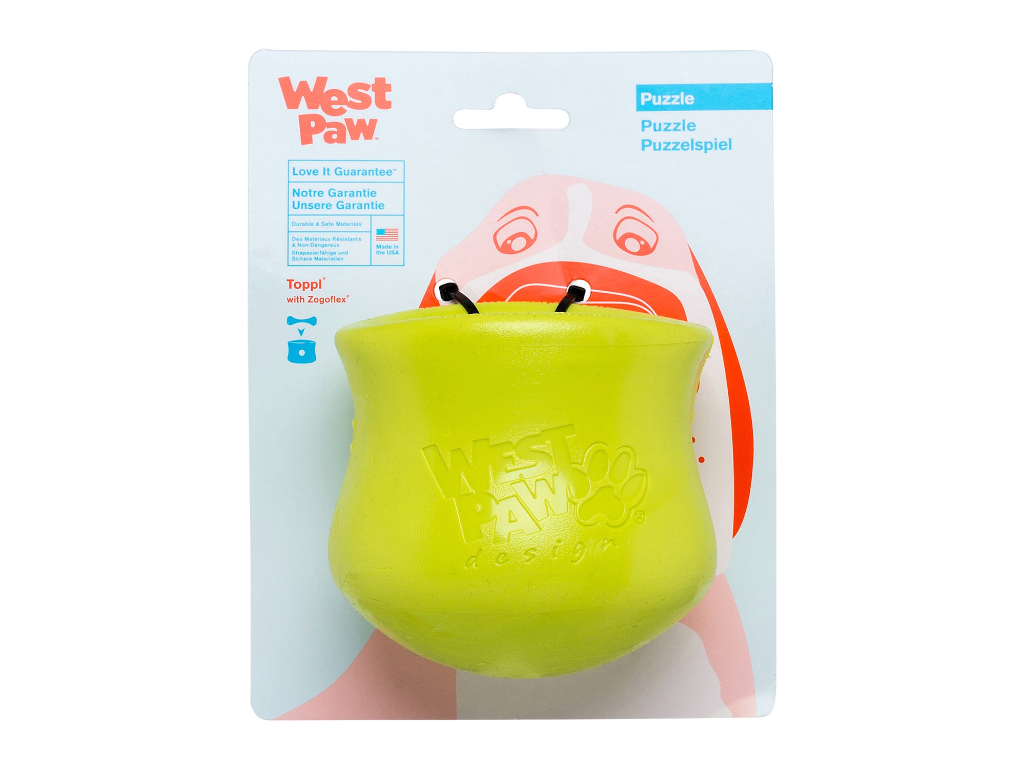 Toppl is an award-winning puzzle toy that can be stuffed full of your dog's favorite snacks. This interactive treat toy is topsy, turvy, and wobbly fun that keeps an active dog busy and brings out the playful side of an older dog.