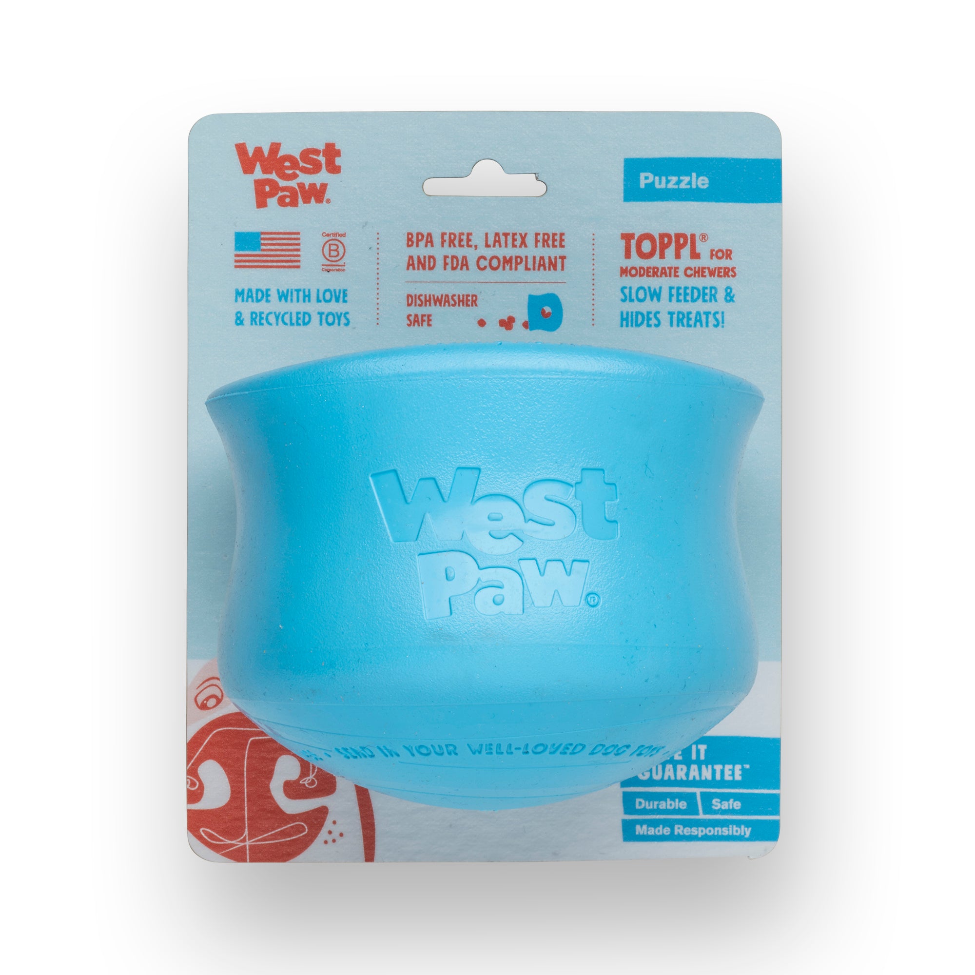 Toppl is an award-winning puzzle toy that can be stuffed full of your dog's favorite snacks. This interactive treat toy is topsy, turvy, and wobbly fun that keeps an active dog busy and brings out the playful side of an older dog.