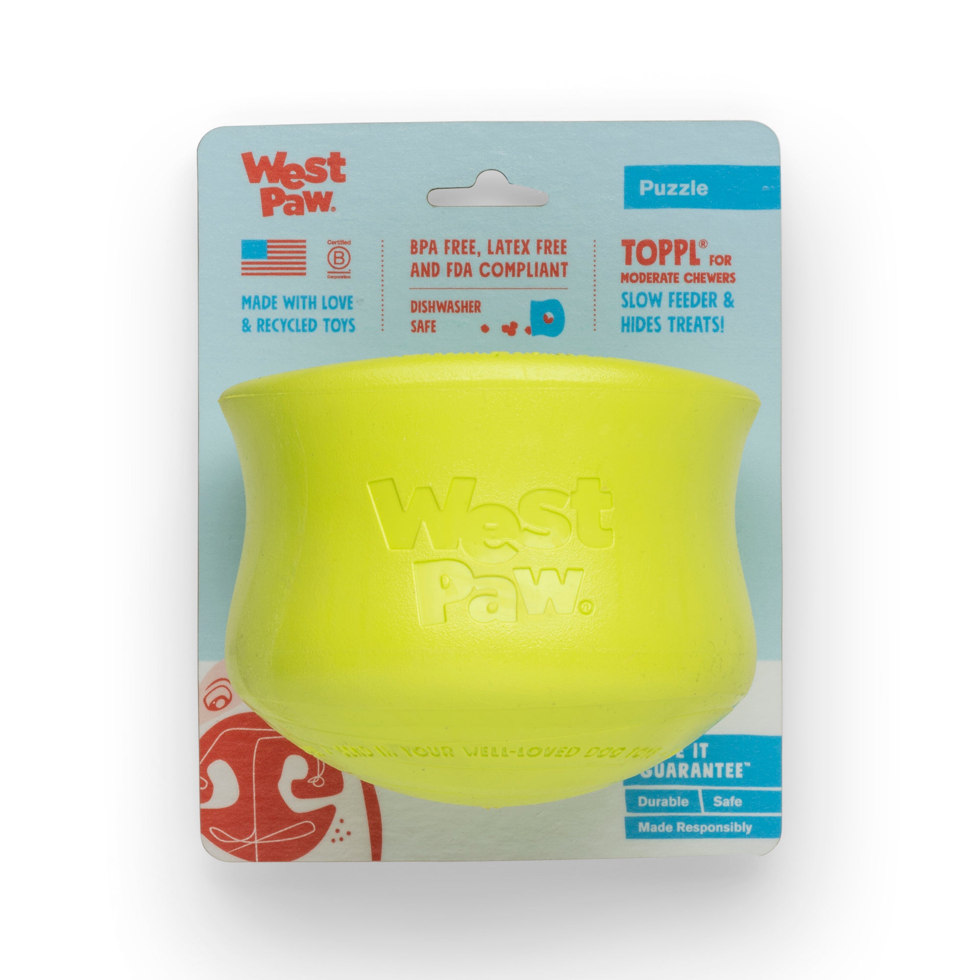 Toppl is an award-winning puzzle toy that can be stuffed full of your dog's favorite snacks. This interactive treat toy is topsy, turvy, and wobbly fun that keeps an active dog busy and brings out the playful side of an older dog.