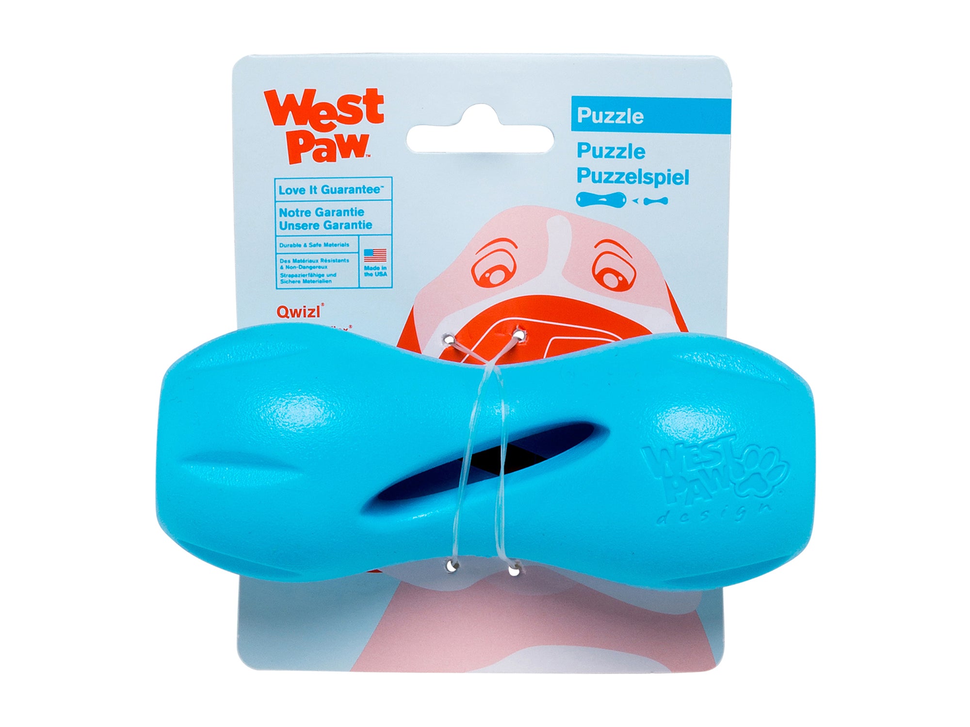 Qwizl is an award-winning toy designed to extend the life of expensive dog treats while keeping your dog busy. The side openings release scent while the continuous interior opening and flexible ridges allow treats to extend out while staying in place. The curved shape makes Qwizl easy for dogs to hold with their paws.