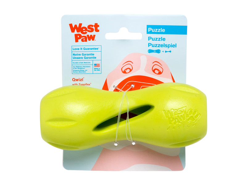 Qwizl is an award-winning toy designed to extend the life of expensive dog treats while keeping your dog busy. The side openings release scent while the continuous interior opening and flexible ridges allow treats to extend out while staying in place. The curved shape makes Qwizl easy for dogs to hold with their paws.