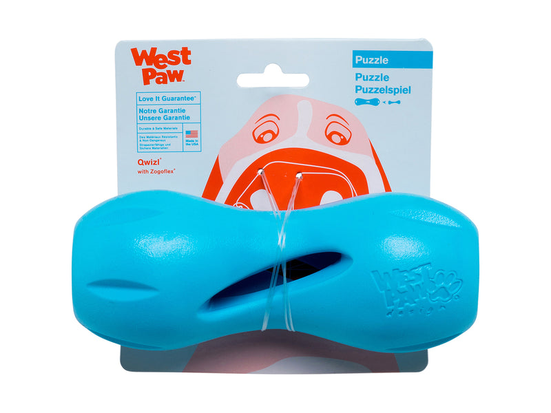 Qwizl is an award-winning toy designed to extend the life of expensive dog treats while keeping your dog busy. The side openings release scent while the continuous interior opening and flexible ridges allow treats to extend out while staying in place. The curved shape makes Qwizl easy for dogs to hold with their paws.