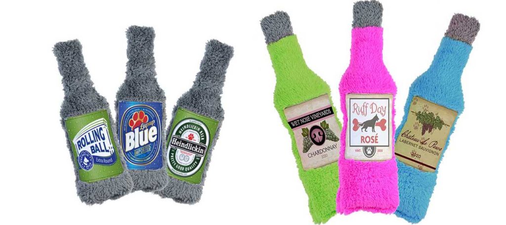 The Duraplush BrewGear bottles are durable and soft dog toys that are eco-friendly and made in the USA. They feature a Duraplush 2-ply bonded outer material, Stitchguard internal seams, and eco-fill recycled filling. Toys do not contain internal squeakers.