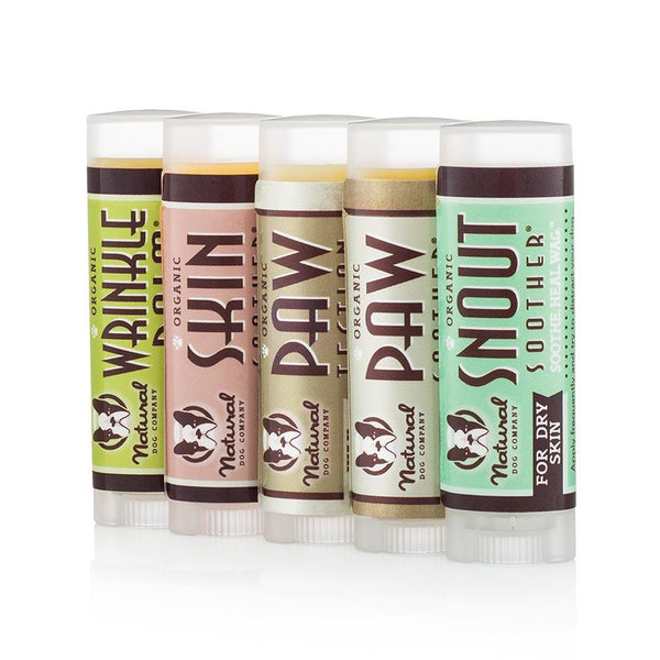 The Powerhouse Travel Set includes all five of the healing balms (Skin Soother, Snout Soother, Paw Soother, PawTection, and Wrinkle Balm), so you can ensure that your dog is happy and healthy, from snout to tail. Whether you want an on-the-go first aid kit for your dog, or simply want to try all of the balms, the Powerhouse Travel Set is for you!