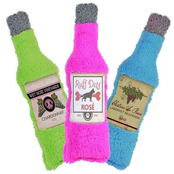 The Duraplush BrewGear bottles are durable and soft dog toys that are eco-friendly and made in the USA. They feature a Duraplush 2-ply bonded outer material, Stitchguard internal seams, and eco-fill recycled filling. Toys do not contain internal squeakers.