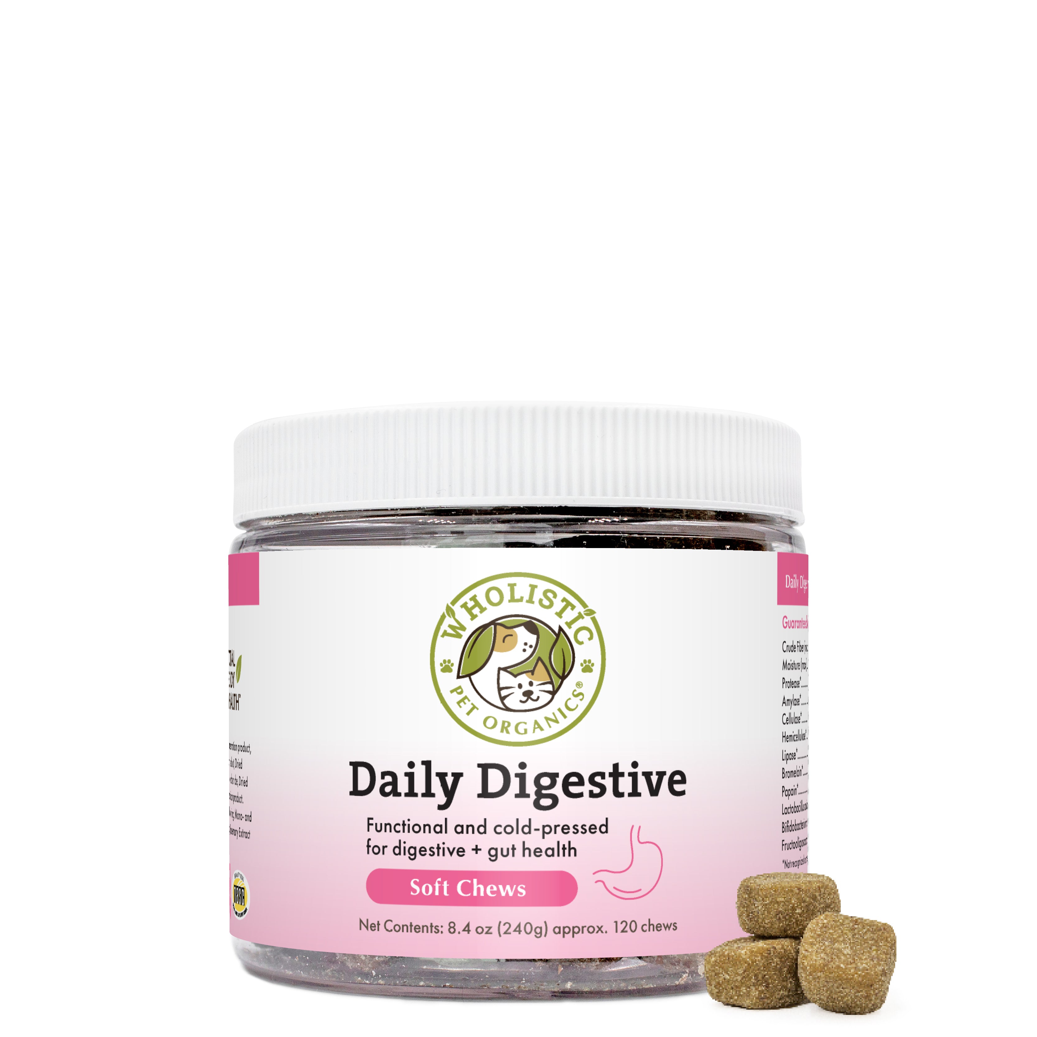 Wholistic Daily Digestive Soft Chews contain a concentrated and potent blend of digestive enzymes, prebiotics, and probiotics that support a healthy balance of normal gut flora.