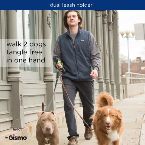 Now you can comfortably walk two dogs with ease! The uniquely designed carabiner system rotates at three different points to reduce leash tangling. A 3 ft. or shorter leash is recommended when walking two dogs with the i'm Gismo Handle.