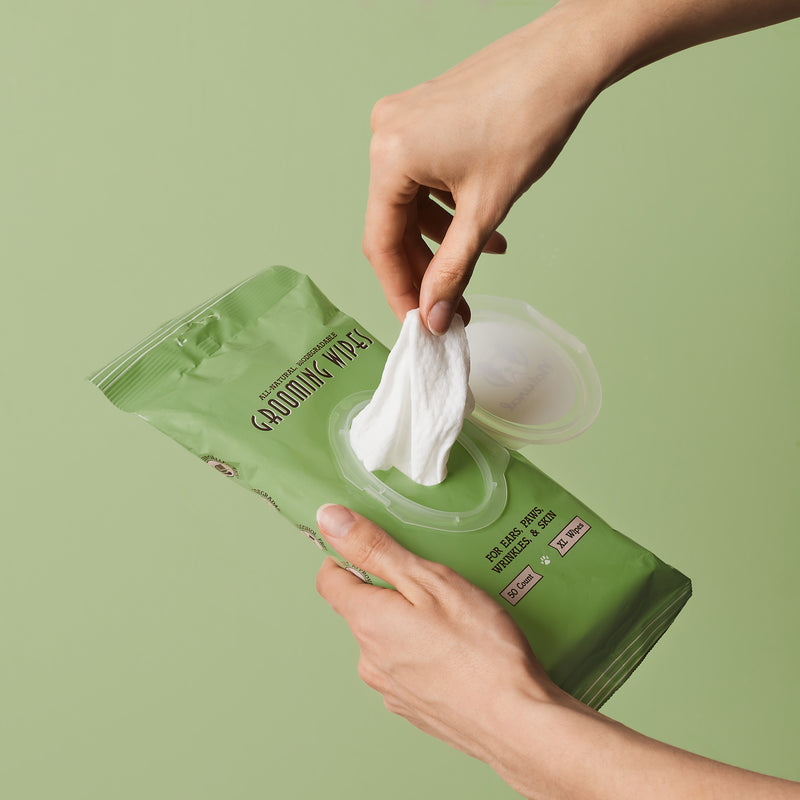 Grooming Wipes are a convenient way to clean and refresh your dog on those in-between-bath days. Did your dog have an especially fun time outside? Wipe away dirt and grime from paws, skin, fur, ears, and bums. The extra-large wipes are the perfect way to keep Scout fresh and fly.