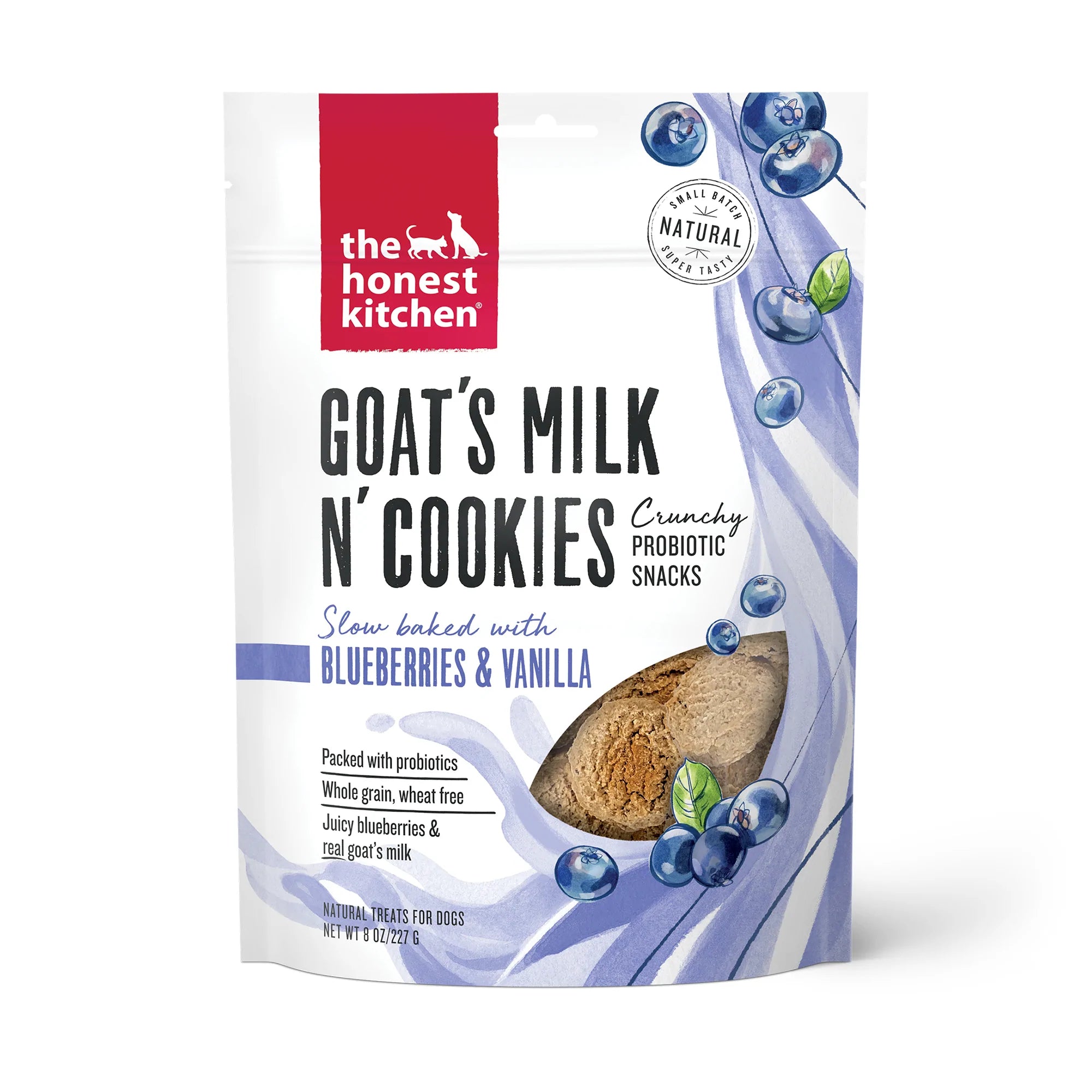 Good dogs shouldn't settle for boring biscuits! Each little cookie is slow baked in small batches and full of probiotics to support a happy belly. Flavor meets function in every bite. Treats are made in the USA with US and globally sourced ingredients.