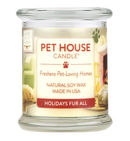 Pet House candles are hand-poured, and made from 100% natural, dye-free soy wax. Comes in an 8.5 oz. glass jar. Fragrance profile is a traditional holiday scent, including fir needles, cinnamon, cloves, and nutmeg.