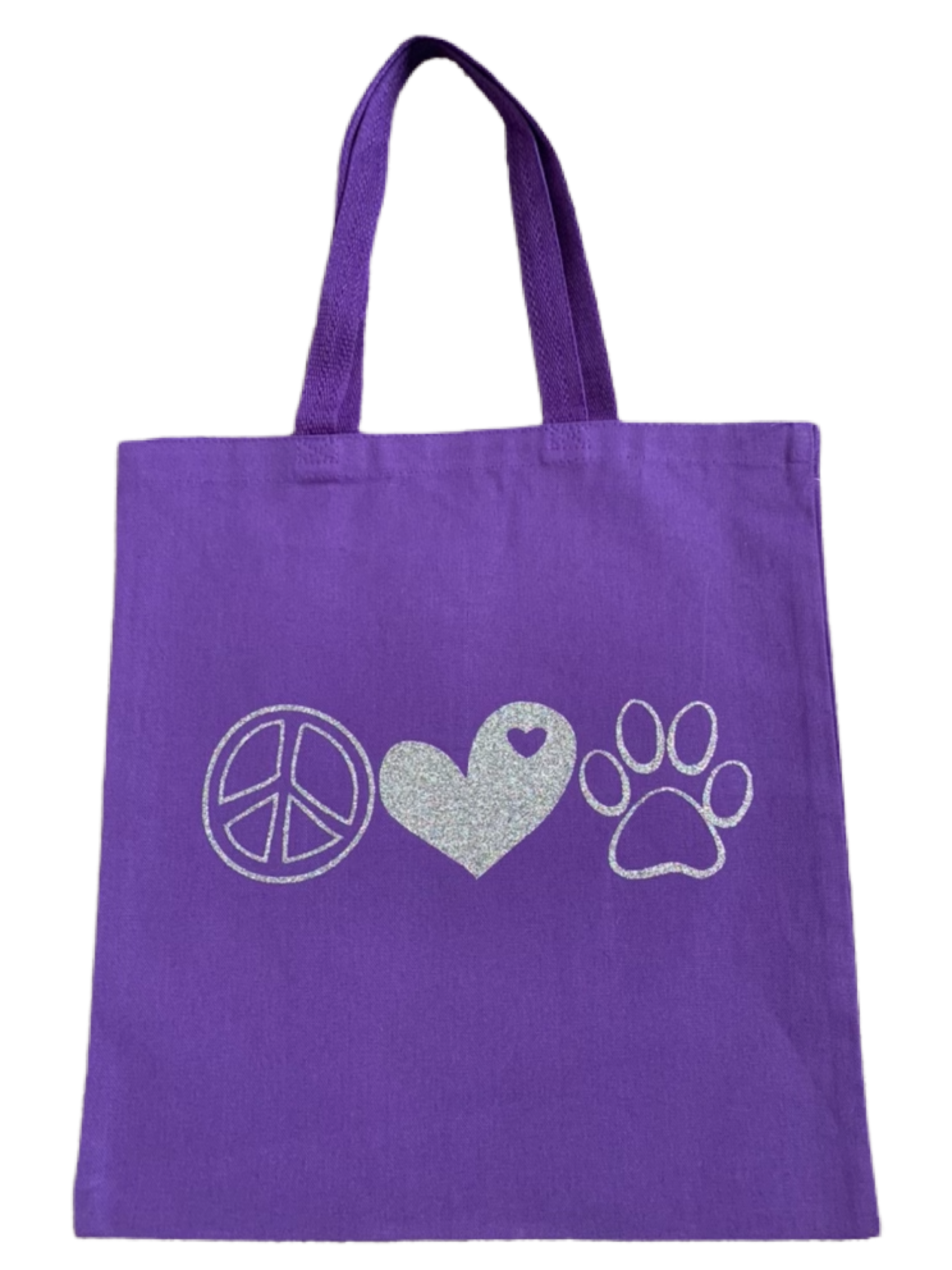 High-quality, brightly colored canvas tote bags with cute dog designs made with sparkly vinyl.