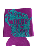 High-quality, brightly colored can koozies with cute dog designs made with sparkly vinyl.