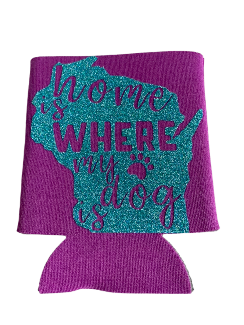 High-quality, brightly colored can koozies with cute dog designs made with sparkly vinyl.