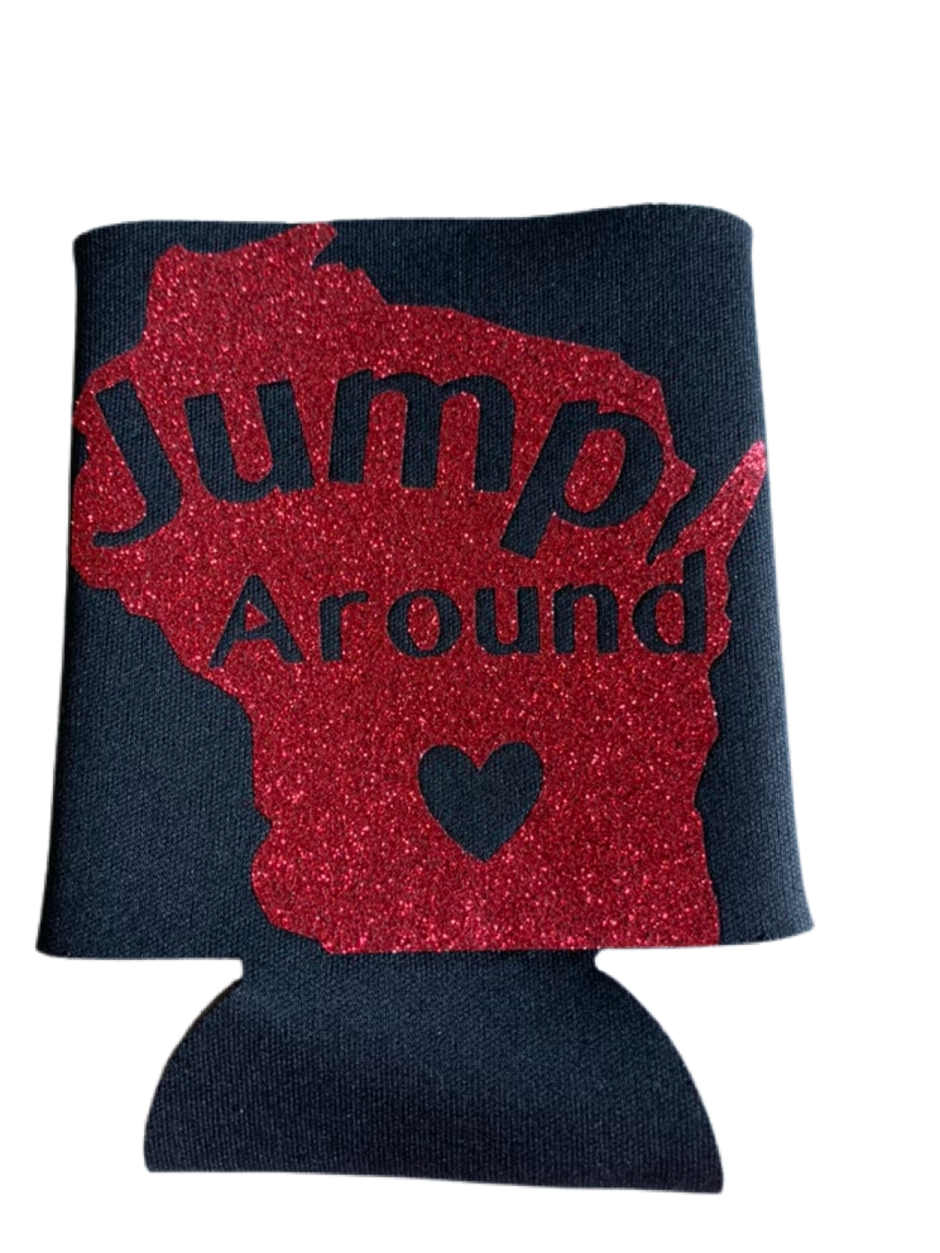 High-quality, brightly colored can koozies with cute Wisconsin sports themed designs made with sparkly vinyl.