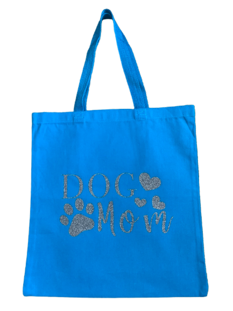 High-quality, brightly colored canvas tote bags with cute dog designs made with sparkly vinyl.
