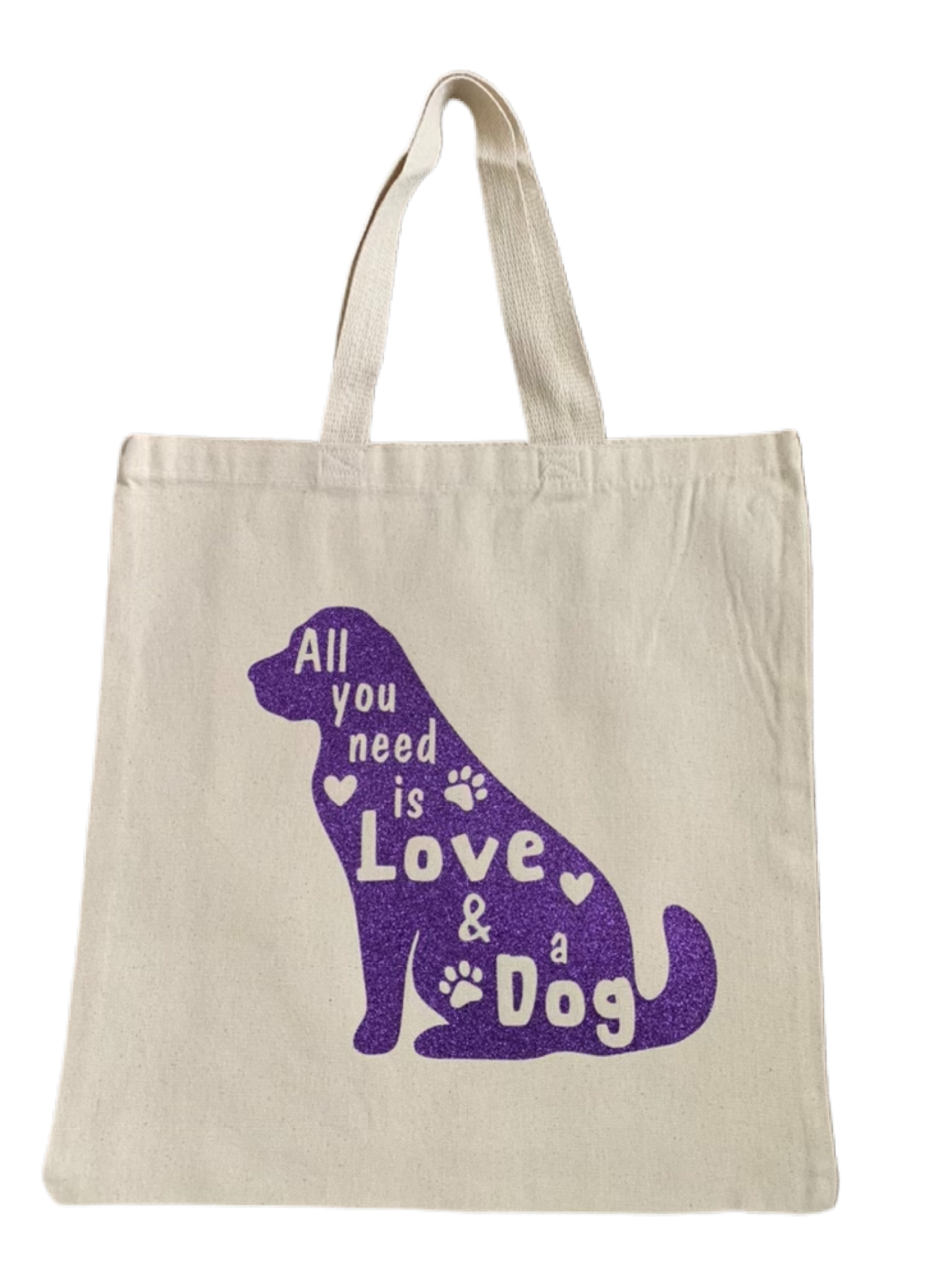High-quality, brightly colored canvas tote bags with cute dog designs made with sparkly vinyl.