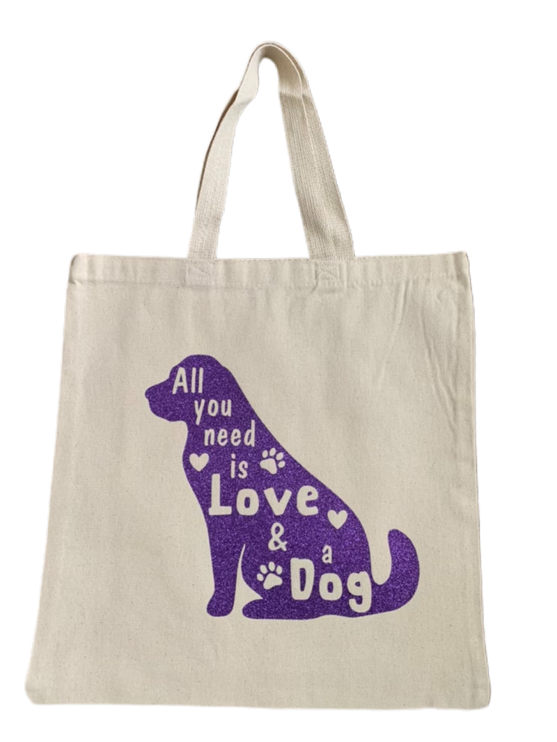 High-quality, brightly colored canvas tote bags with cute dog designs made with sparkly vinyl.