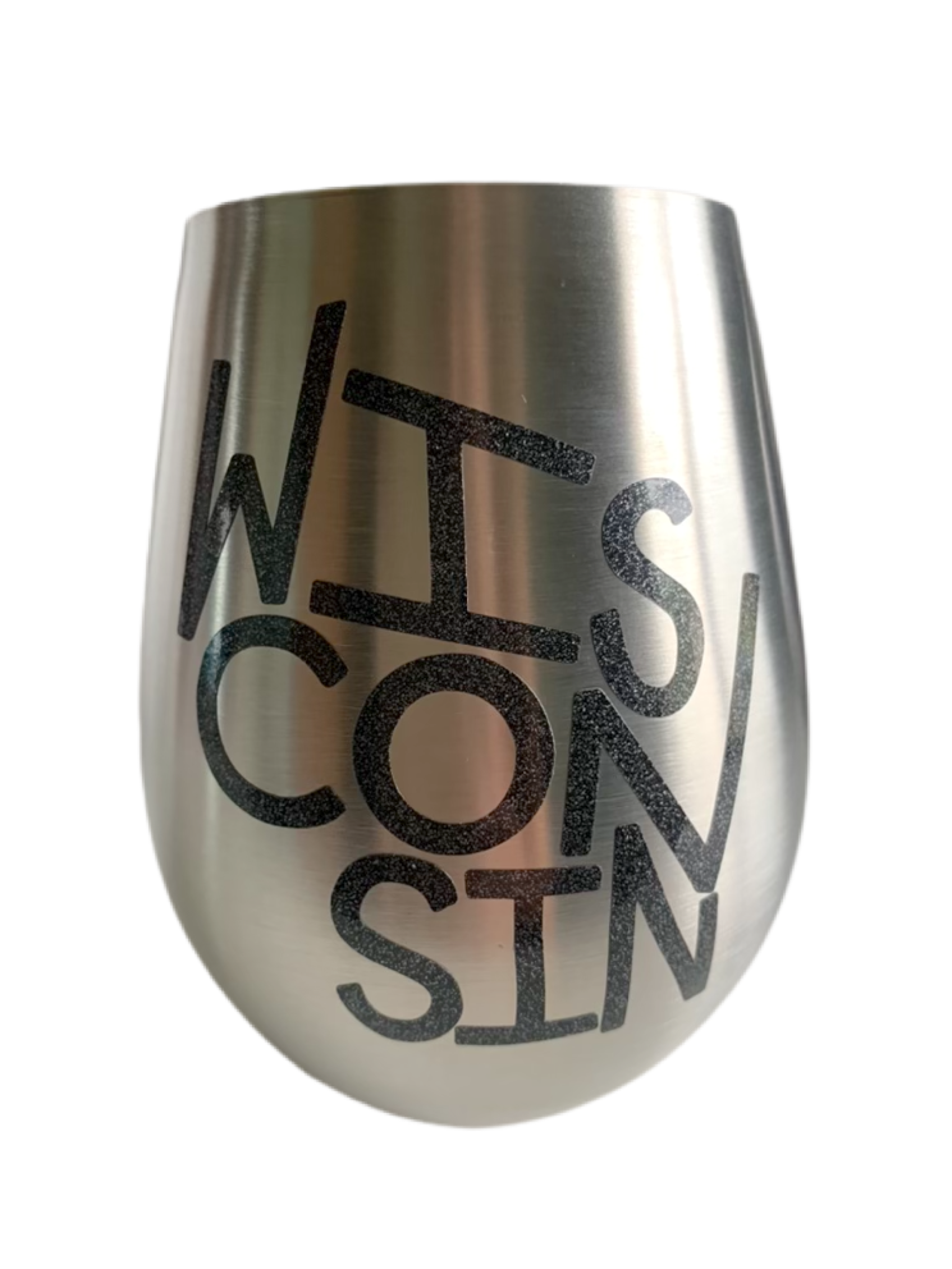 Stemless wine glasses with Wisconsin sports themed designs made with sparkly vinyl. Glasses have a sleek and elegant design, and are made from food-grade stainless steel. These heavy-duty glasses are shatterproof and have a weighted base, making them tip resistant.