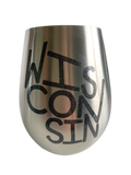 Stemless wine glasses with Wisconsin sports themed designs made with sparkly vinyl. Glasses have a sleek and elegant design, and are made from food-grade stainless steel. These heavy-duty glasses are shatterproof and have a weighted base, making them tip resistant.