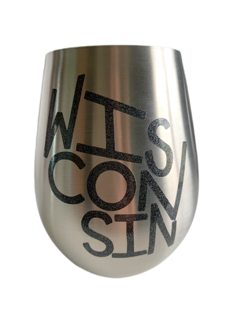 Stemless wine glasses with Wisconsin sports themed designs made with sparkly vinyl. Glasses have a sleek and elegant design, and are made from food-grade stainless steel. These heavy-duty glasses are shatterproof and have a weighted base, making them tip resistant.