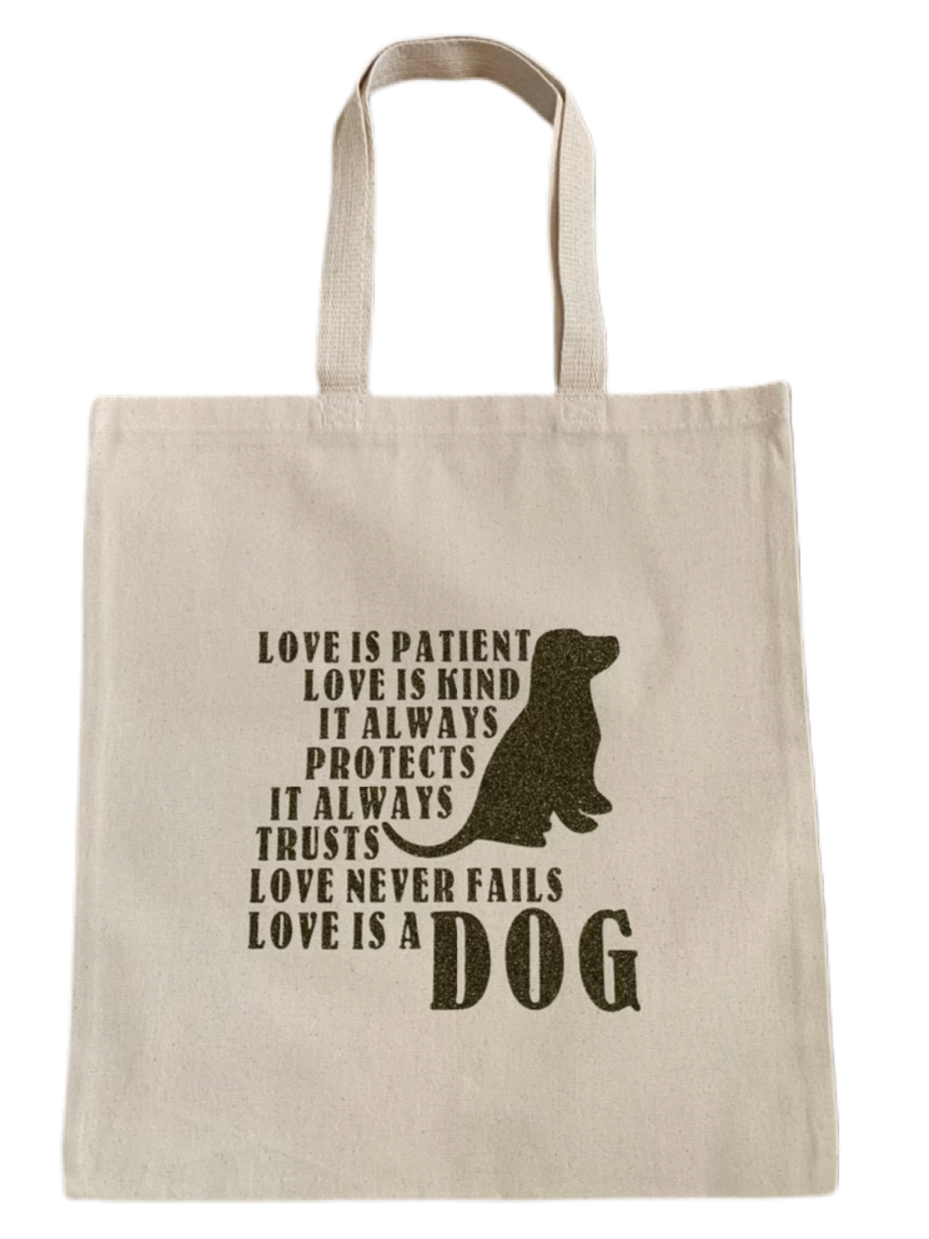 High-quality, brightly colored canvas tote bags with cute dog designs made with sparkly vinyl.