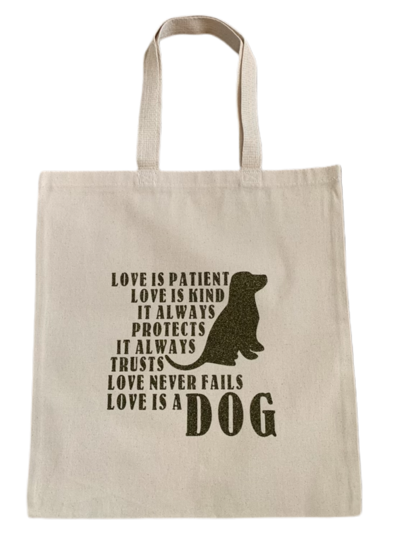 High-quality, brightly colored canvas tote bags with cute dog designs made with sparkly vinyl.
