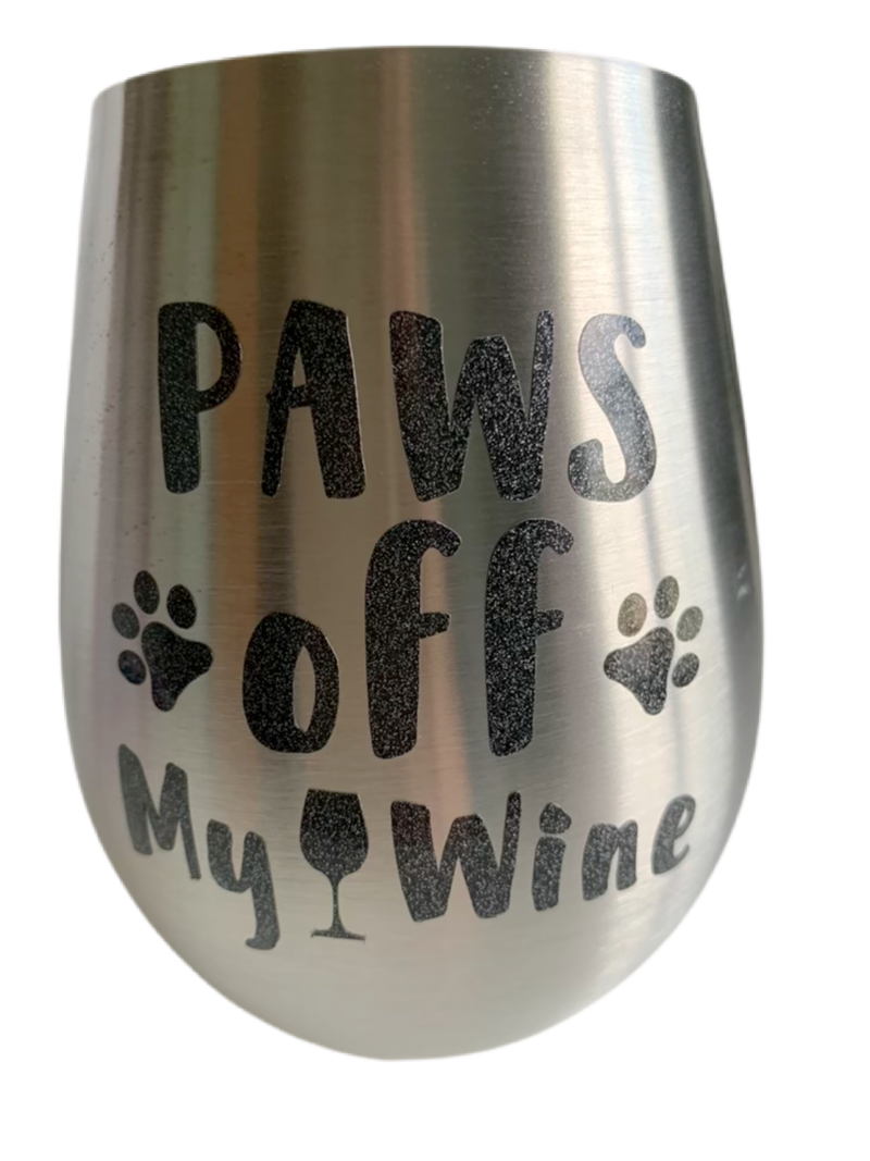 Stemless wine glasses with cute dog designs made with sparkly vinyl. Glasses have a sleek and elegant design, and are made from food-grade stainless steel. These heavy-duty glasses are shatterproof and have a weighted base, making them tip resistant.