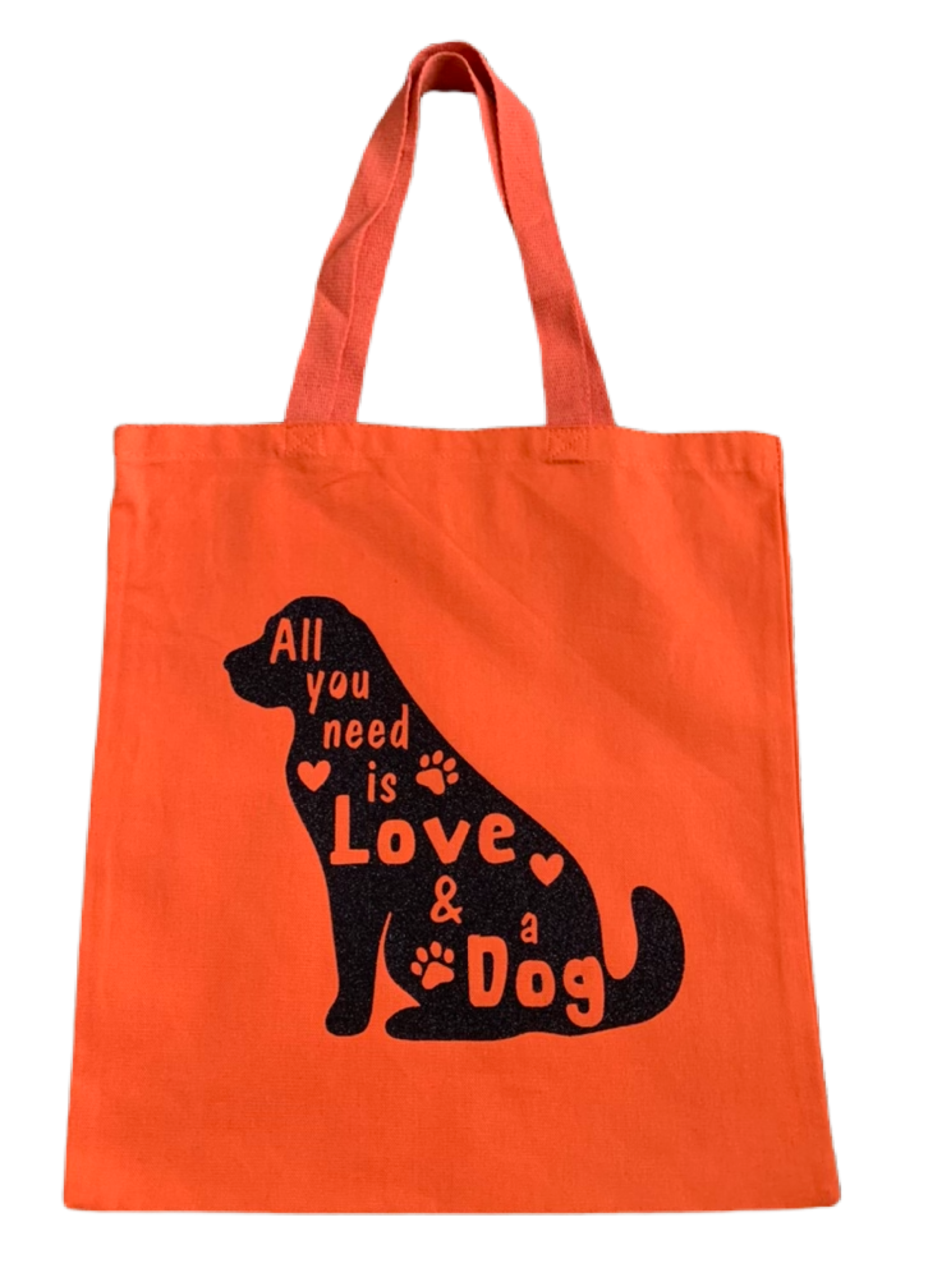 High-quality, brightly colored canvas tote bags with cute dog designs made with sparkly vinyl.