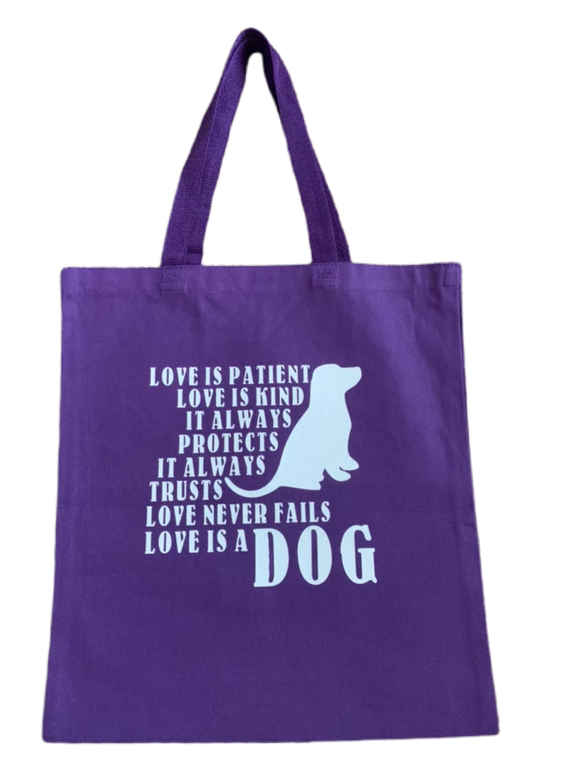 High-quality, brightly colored canvas tote bags with cute dog designs made with sparkly vinyl.