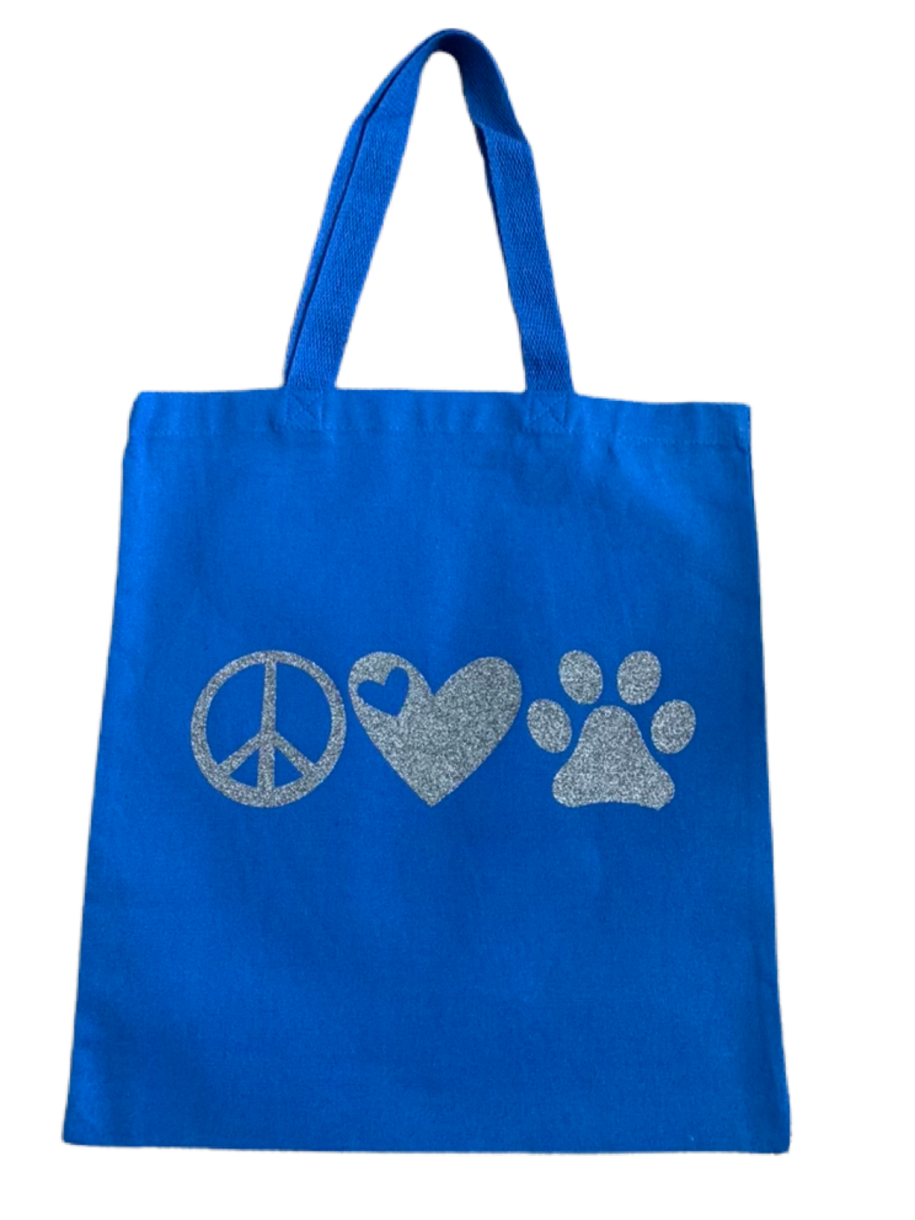 High-quality, brightly colored canvas tote bags with cute dog designs made with sparkly vinyl.