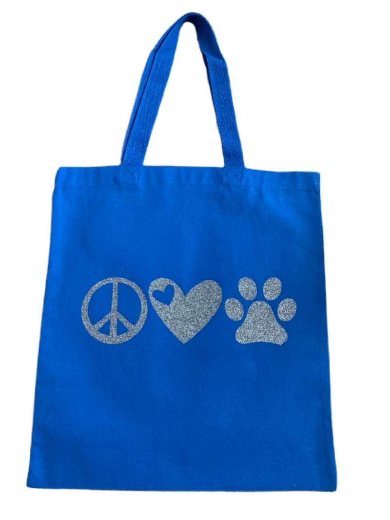 High-quality, brightly colored canvas tote bags with cute dog designs made with sparkly vinyl.