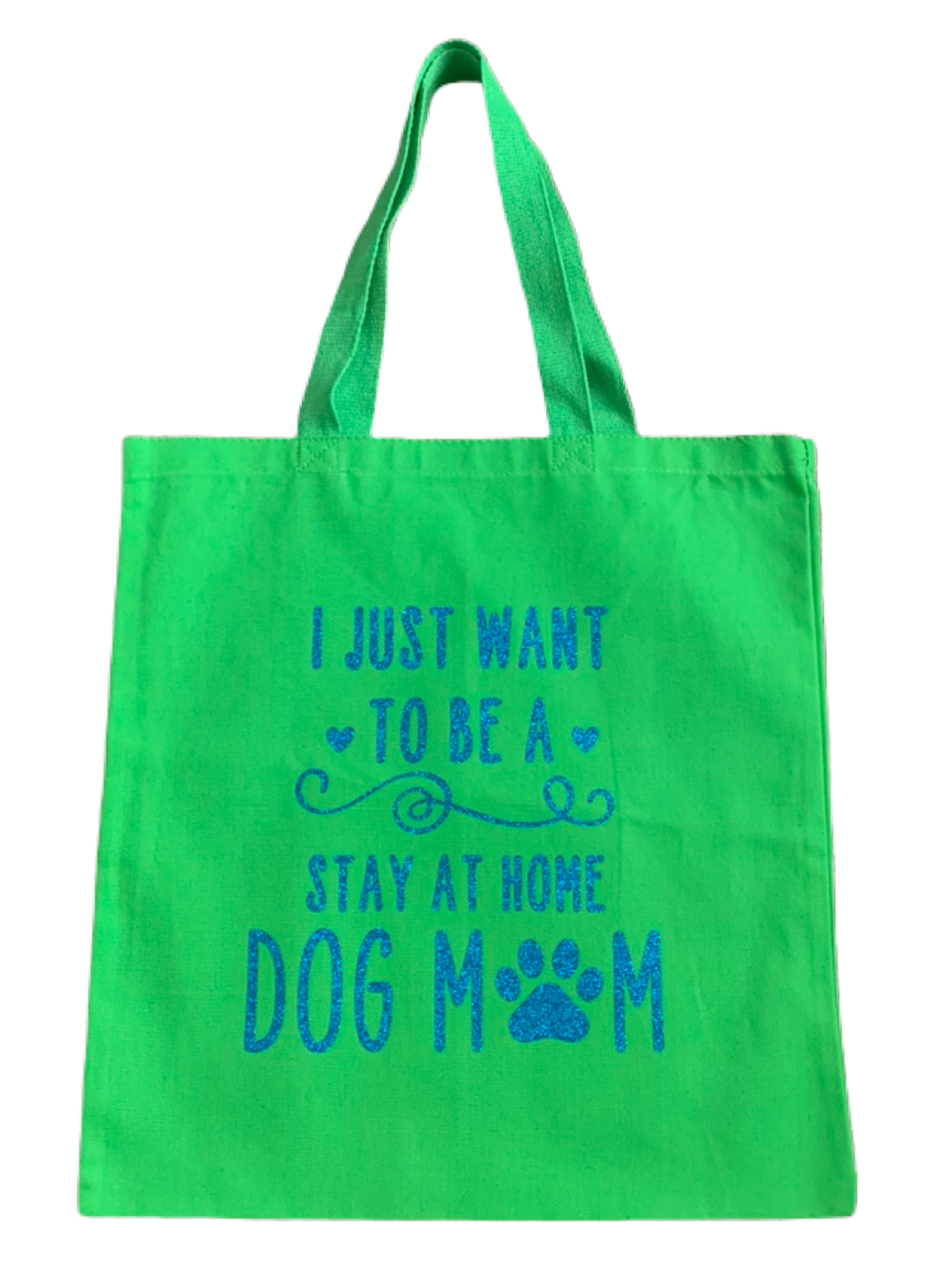 High-quality, brightly colored canvas tote bags with cute dog designs made with sparkly vinyl.