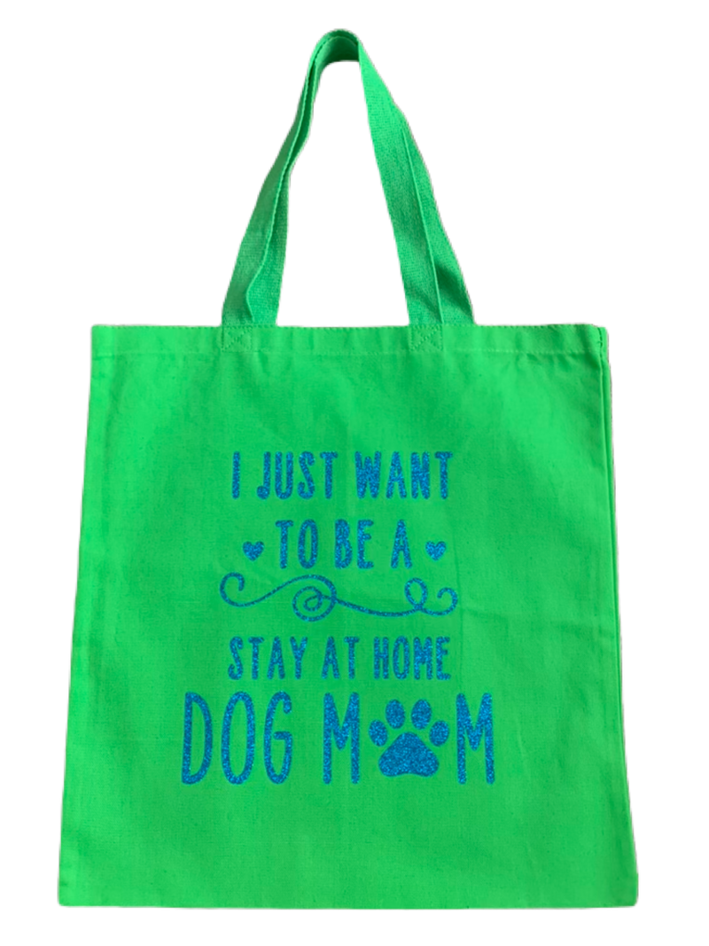 High-quality, brightly colored canvas tote bags with cute dog designs made with sparkly vinyl.