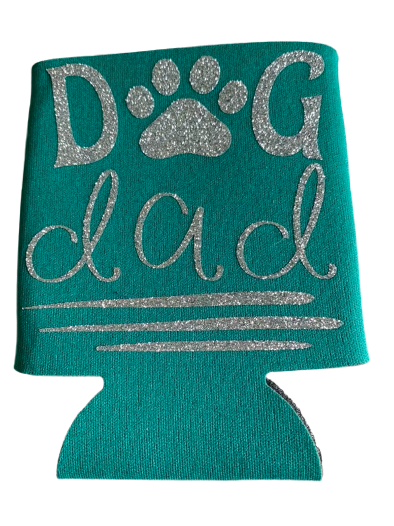 High-quality, brightly colored can koozies with cute dog designs made with sparkly vinyl.