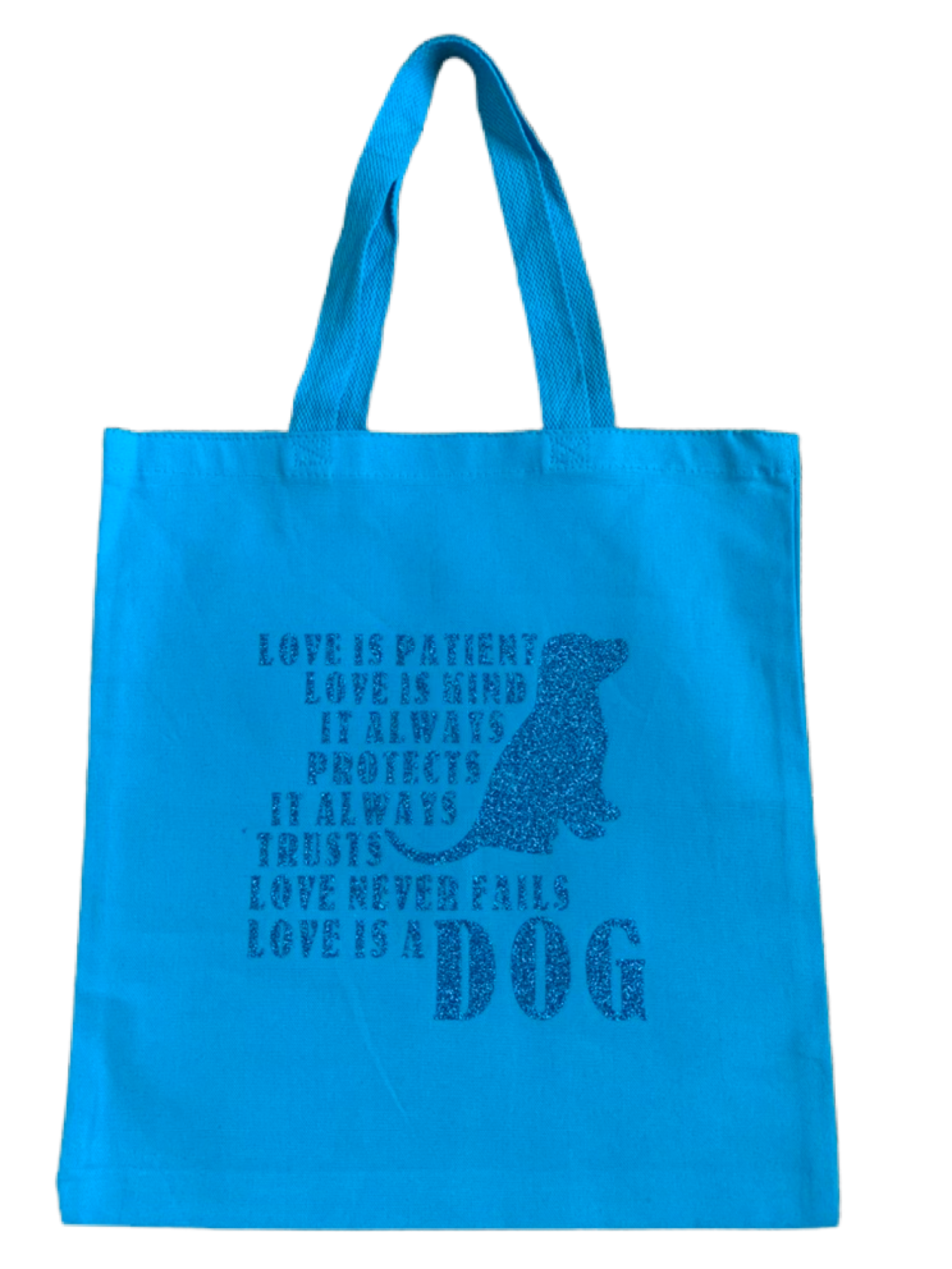 High-quality, brightly colored canvas tote bags with cute dog designs made with sparkly vinyl.