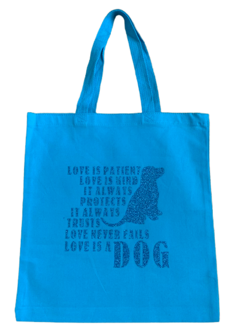 High-quality, brightly colored canvas tote bags with cute dog designs made with sparkly vinyl.