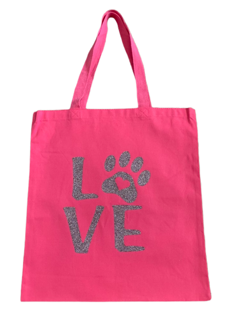 High-quality, brightly colored canvas tote bags with cute dog designs made with sparkly vinyl.