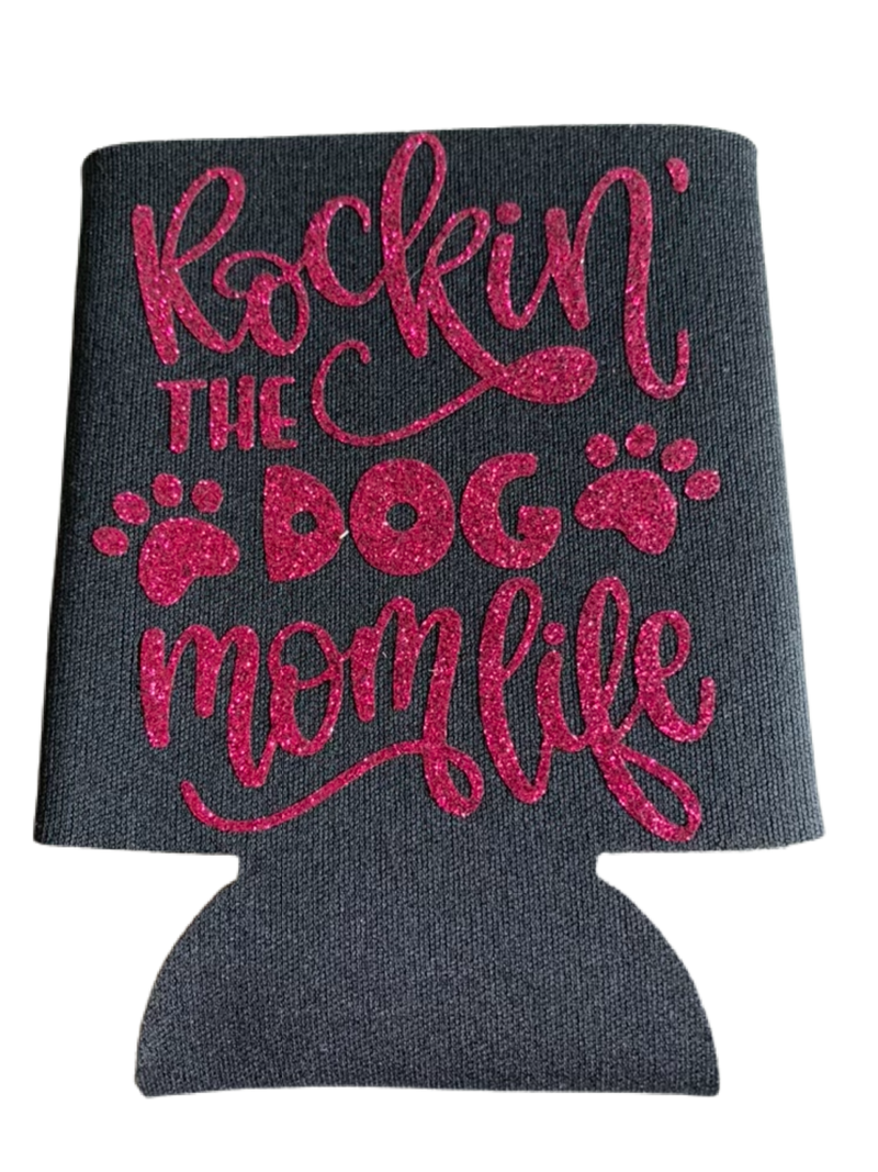 High-quality, brightly colored can koozies with cute dog designs made with sparkly vinyl.
